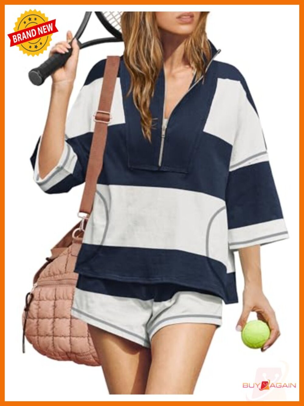 Women's Striped Workout Lounge Set Zip Up Tee & Wide Leg Shorts